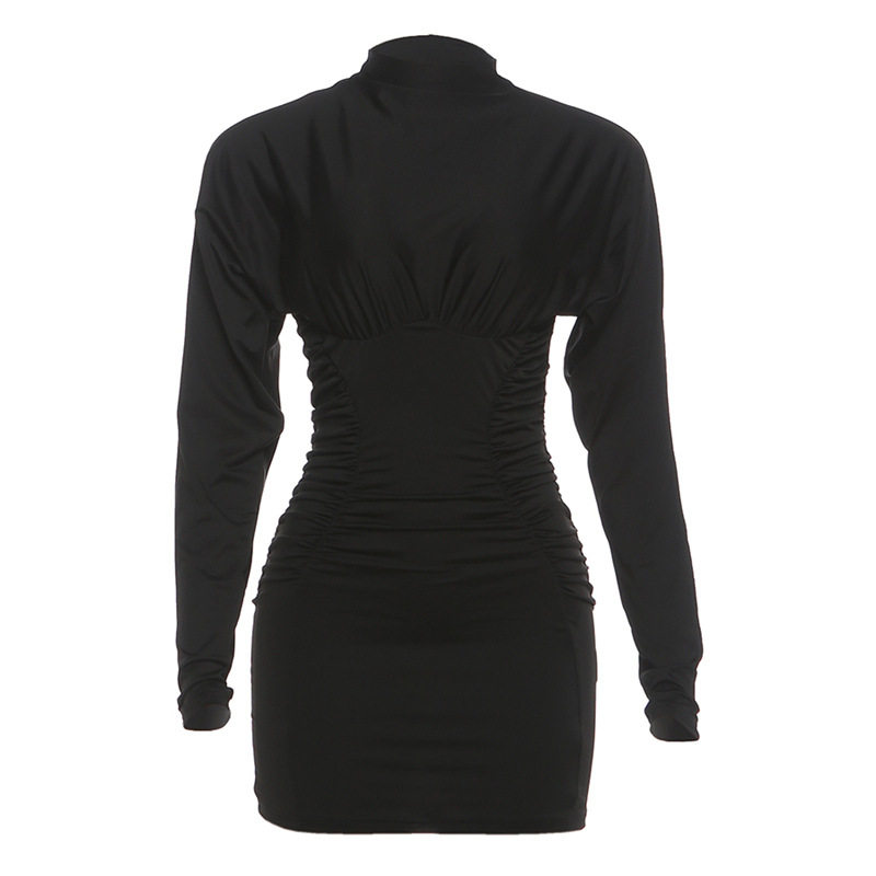 Fashionable Long Sleeve Bodycon Dress Solid Color Pleated Sexy Waist Cinching Autumn Winter Wear Wholesale