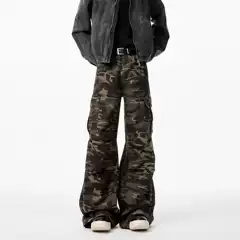 Heavyweight Camouflage Pants for Men, Spring New American Style Trendy Hip-Hop Pleated Loose Wide-Leg Flared Cargo Pants