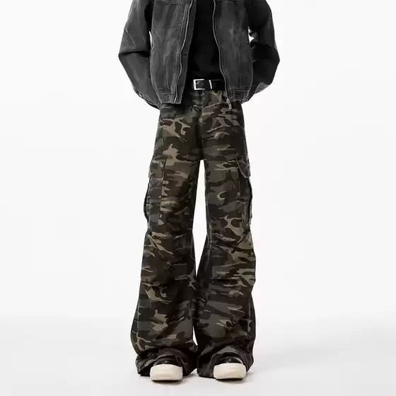 Heavyweight Camouflage Pants for Men, Spring New American Style Trendy Hip-Hop Pleated Loose Wide-Leg Flared Cargo Pants