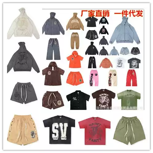25Fw Wholesale European and American Style Unisex Saint Washed Embroidered Studded Zipper Hoodie T-Shirt and Shorts Set Trendy Style