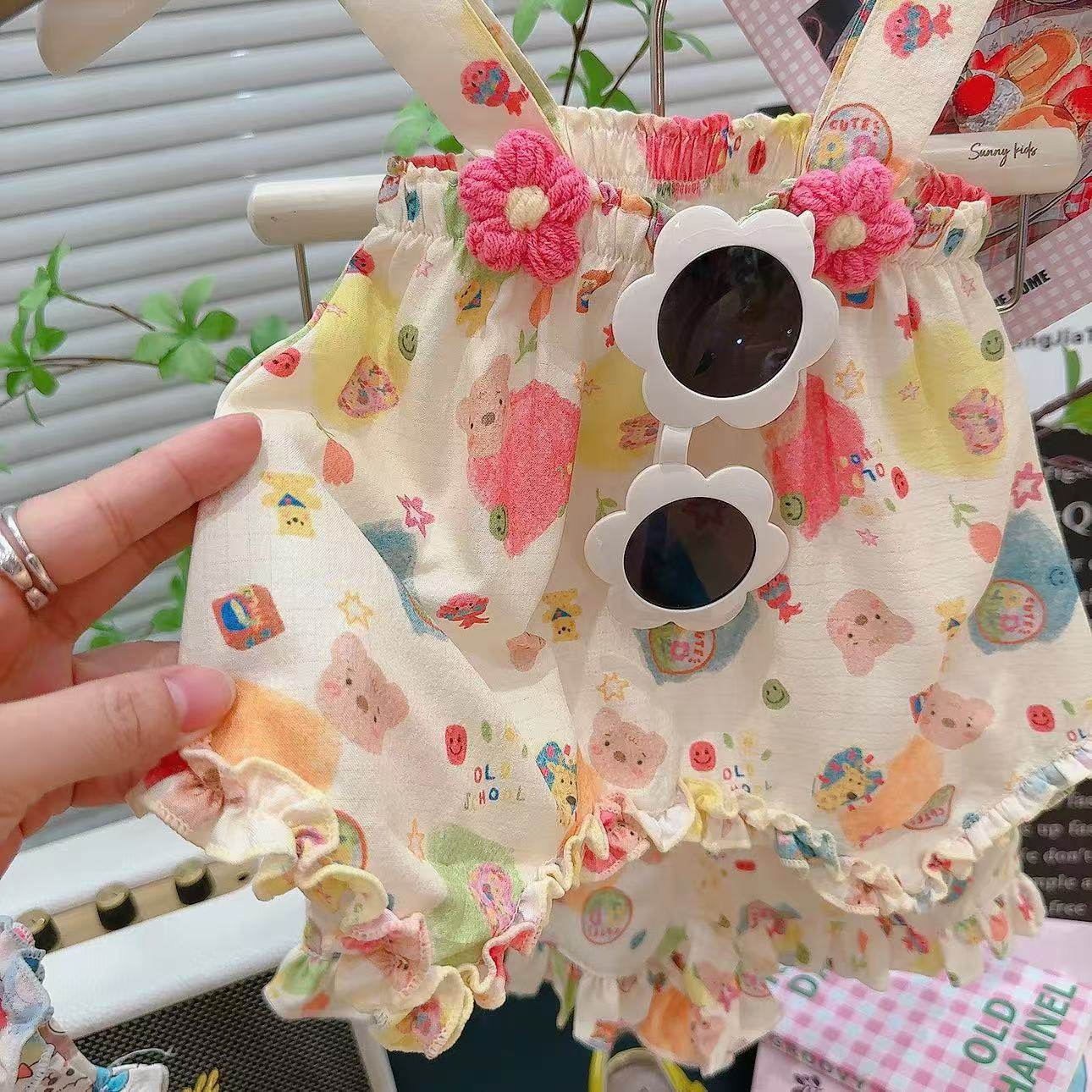 Mädchen-Sommer-Cartoon-Niedliche Rüschen-Wellensaum-Blumen-Tanktop & kurze Trägerrock-Zweiteiliges-Set