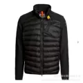 Black down jacket with spliced stand-up collar and hood