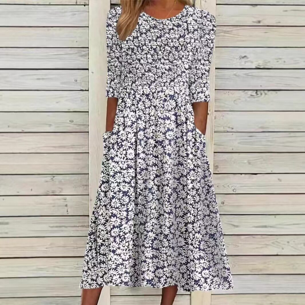 Summer Casual Floral Print Dress for Women Round Neck Pocket Design Stylish Fit Perfect for Everyday Wear Wholesale