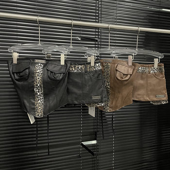 Cool Spicy Pull Sister-style Leopard-print PU Leather Stitching Lace-up Tube Top Slimming High Waist Skirt Two-piece Set