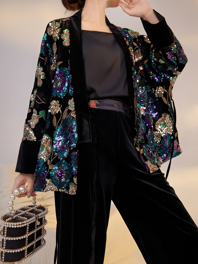 Áo khoác nữ thêu hoa đính sequin dáng ngắn cổ chữ V — Iris tím (giao hàng trong 7 ngày), Iris tím (phát hành cùng ngày)