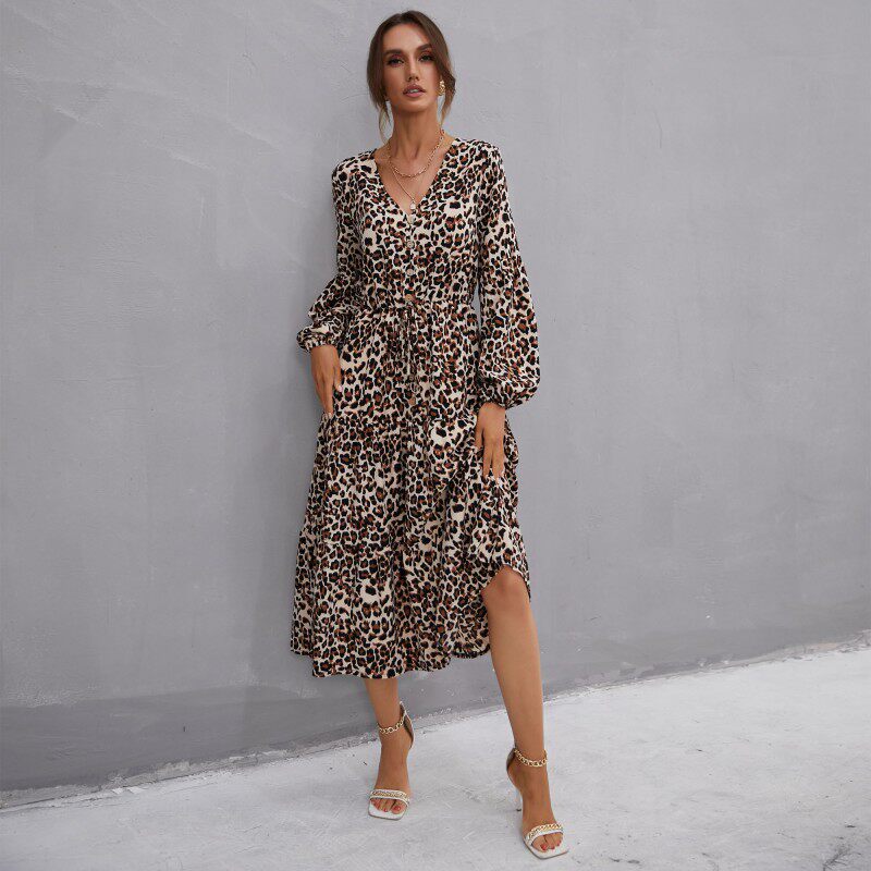 Vintage Leopard Print Long Sleeve Dress Ruffled Hem Mid Length Elegant Style Wholesale Availability