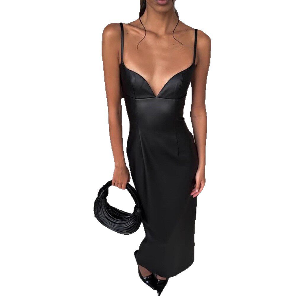 Chic Strapless A Line Dress Elegant Split Hem Thin Straps Solid Color PU Leather Perfect for Parties and Events