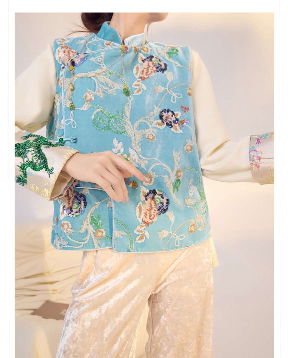 Áo vest nữ dáng ngắn thêu hoa chất liệu satin phối sequin — Màu xanh da trời (giao hàng trong 7 ngày), Màu xanh da trời (phát hành cùng ngày)