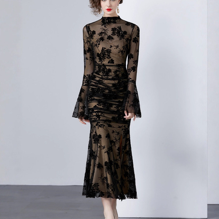 Vintage Floral Print Bodycon Mermaid Dress Sheer Mesh Flared Sleeves Sexy Split Evening Wear Cocktail Party
