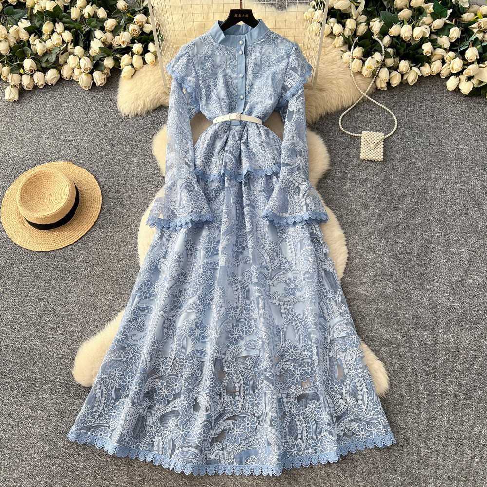 Elegant Long Evening Dress High End Embroidery Hollow Out Flared Sleeves Spring Summer Party Wear Wholesale