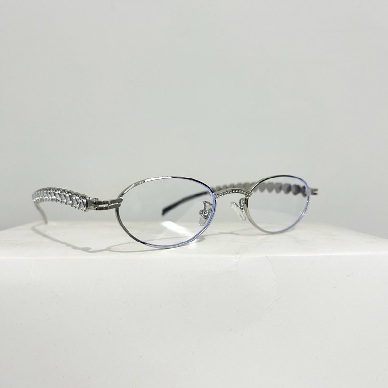 Jennie Oval Diamond Glasses for Women, High-End Metal Heart Rhinestone Frames, Plain Decorative Myopia Flat Glasses