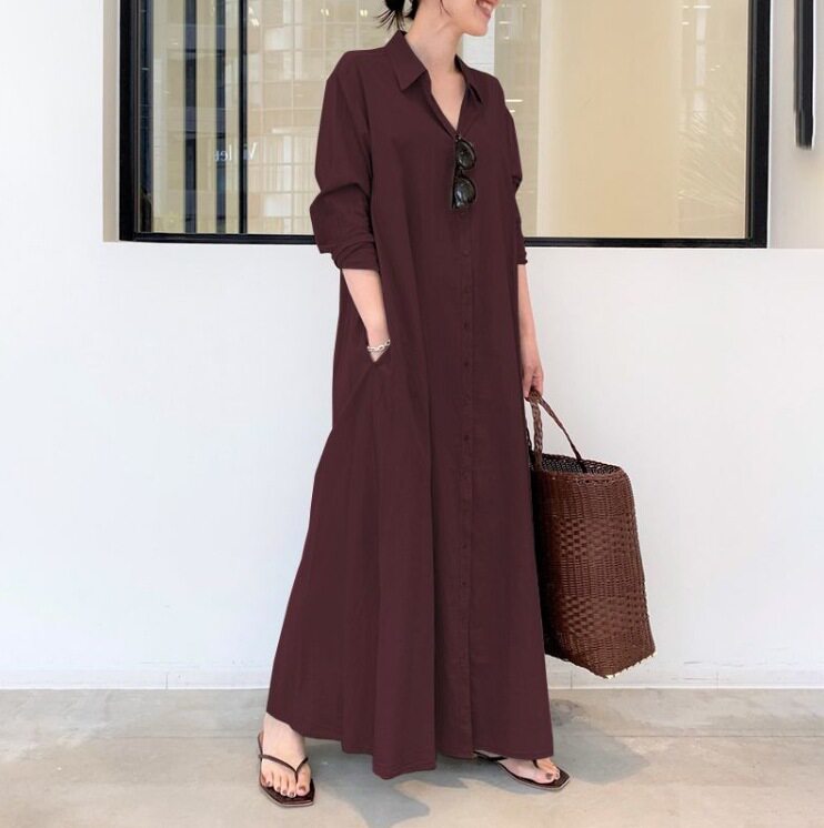 Cotton Linen Long Sleeve Shirt Dress Solid Color Pocket Design Loose Fit Casual Everyday Wear Ready to Ship
