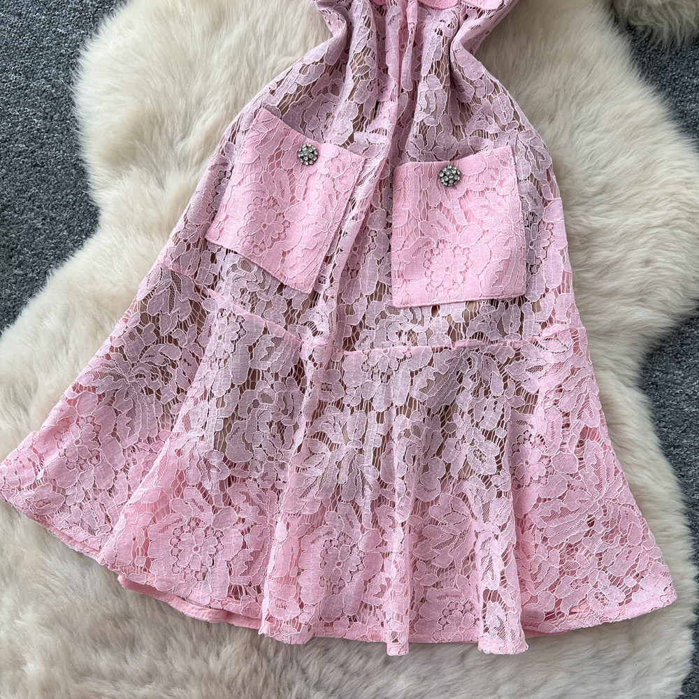 Lace A Line Dress Rhinestone Embellished Sleeveless High Waist Hollow Out Design Elegant Office Wear Wholesale