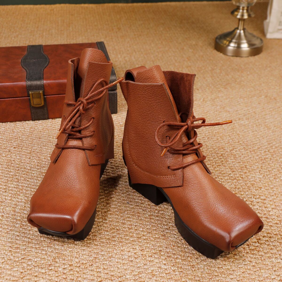 Boot nữ cổ thấp gót vuông da bò thật buộc dây phong cách cổ điển — màu đen, màu nâu