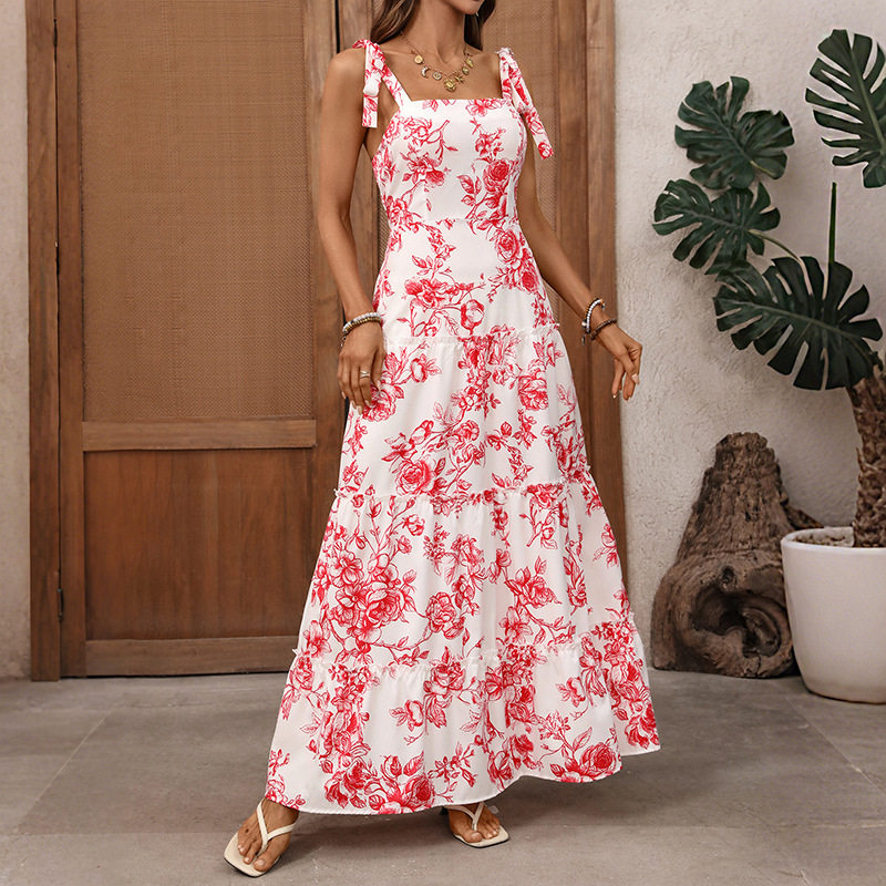 French Vacation Style Maxi Dress Vintage Floral Print Sleeveless Flowy Design Perfect for Summer Events Wholesale