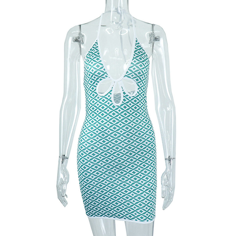 Plaid Print Sleeveless Backless Bodycon Dress Sexy Halter Neck Mid Waist Hollow Out Design Perfect for Parties and
