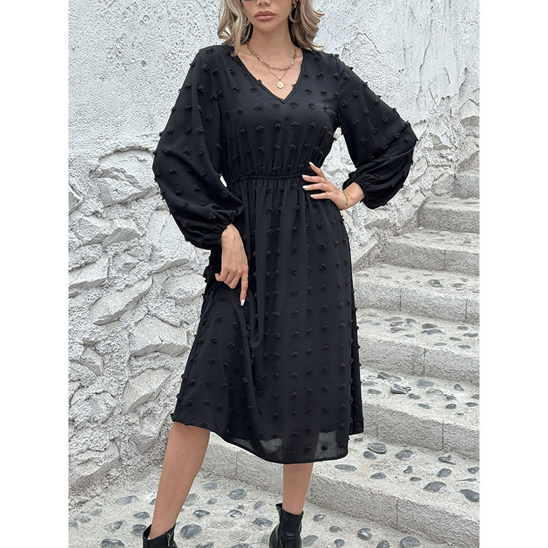 French V Neck Long Sleeve Dress Stylish Pom Detail Chic Casual Wear for Women Ready to Ship OEM ODM service