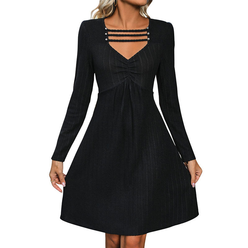 Knitted Midi Dress Long Sleeve Solid Color Ribbed Fabric Autumn Fashion for Women Wholesale Available