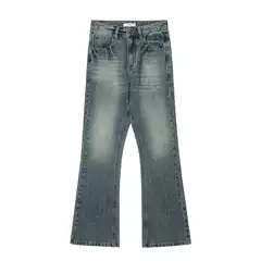 Denim Flared Trousers Men's Fashionable Brand vintage Fashion Popular Loose Wide-legged Micro-pants Contrast Color Washed Trousers