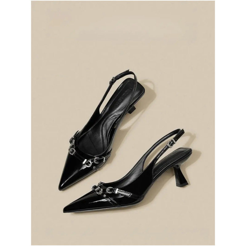 Tweed Style Black Patent Leather Pointed Toe Special-Shaped High-Heeled Shoes 2024 Spring New Supermodel Same Fashion Sandals