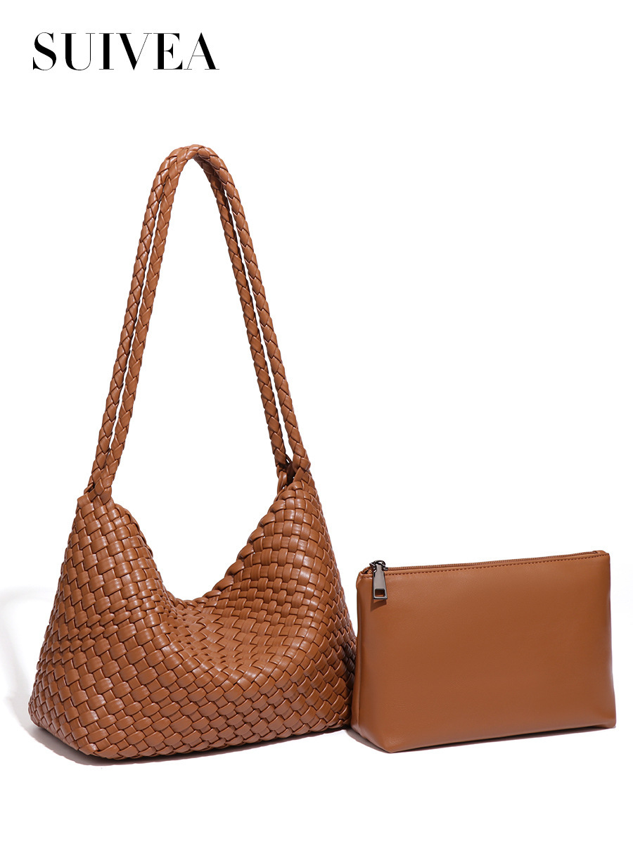 Túi tote nữ đan dệt phong cách thời trang đường phố, túi đeo vai và kẹp nách cỡ lớn — B2645 # Màu be, B2645 # màu đen, B2645 # Màu nâu., B2645 # Màu trắng ngà