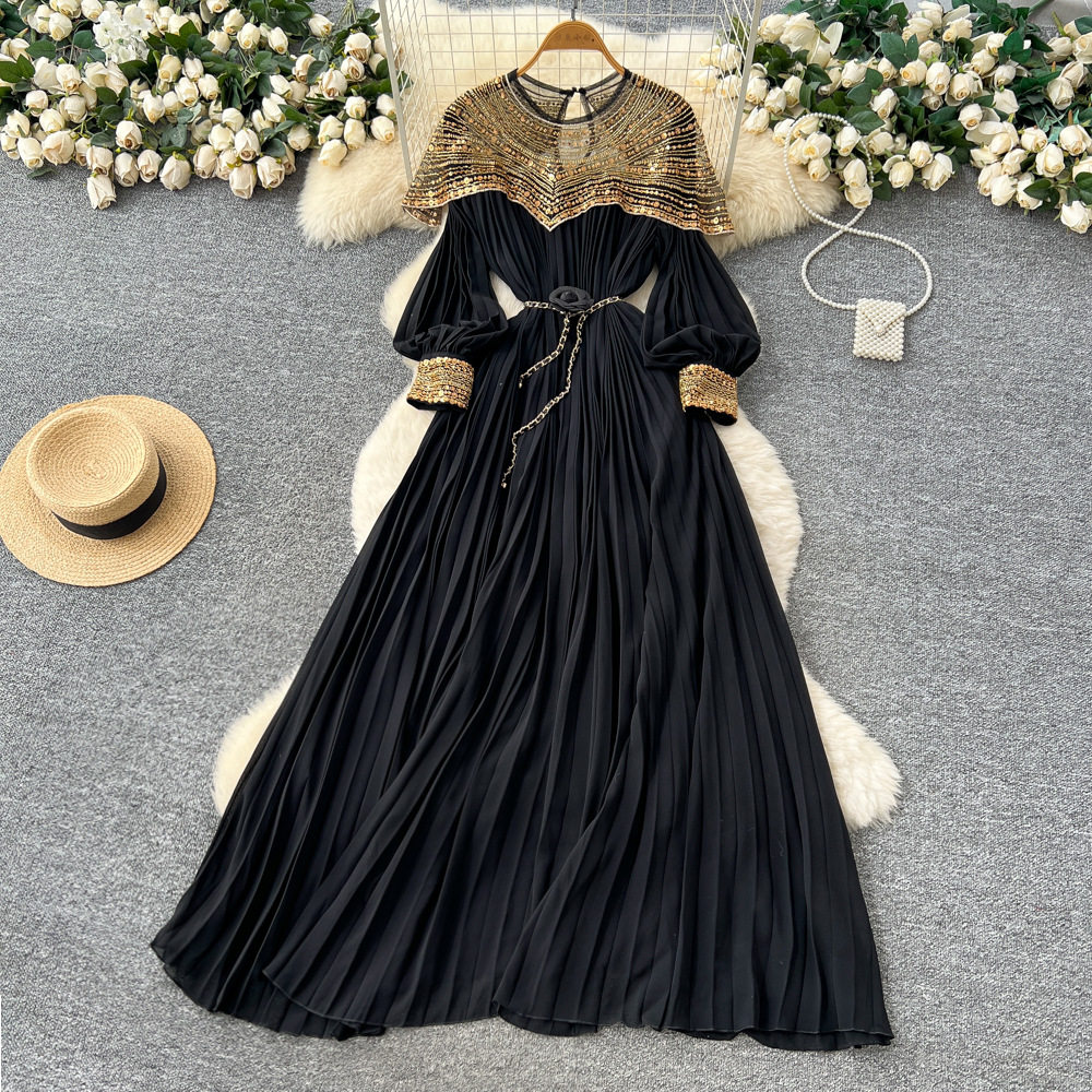 French Style Embroidered Beaded Sequin Mesh Lantern Sleeve Tie Waist Pleated Maxi Dress for Women Elegant Evening Wear