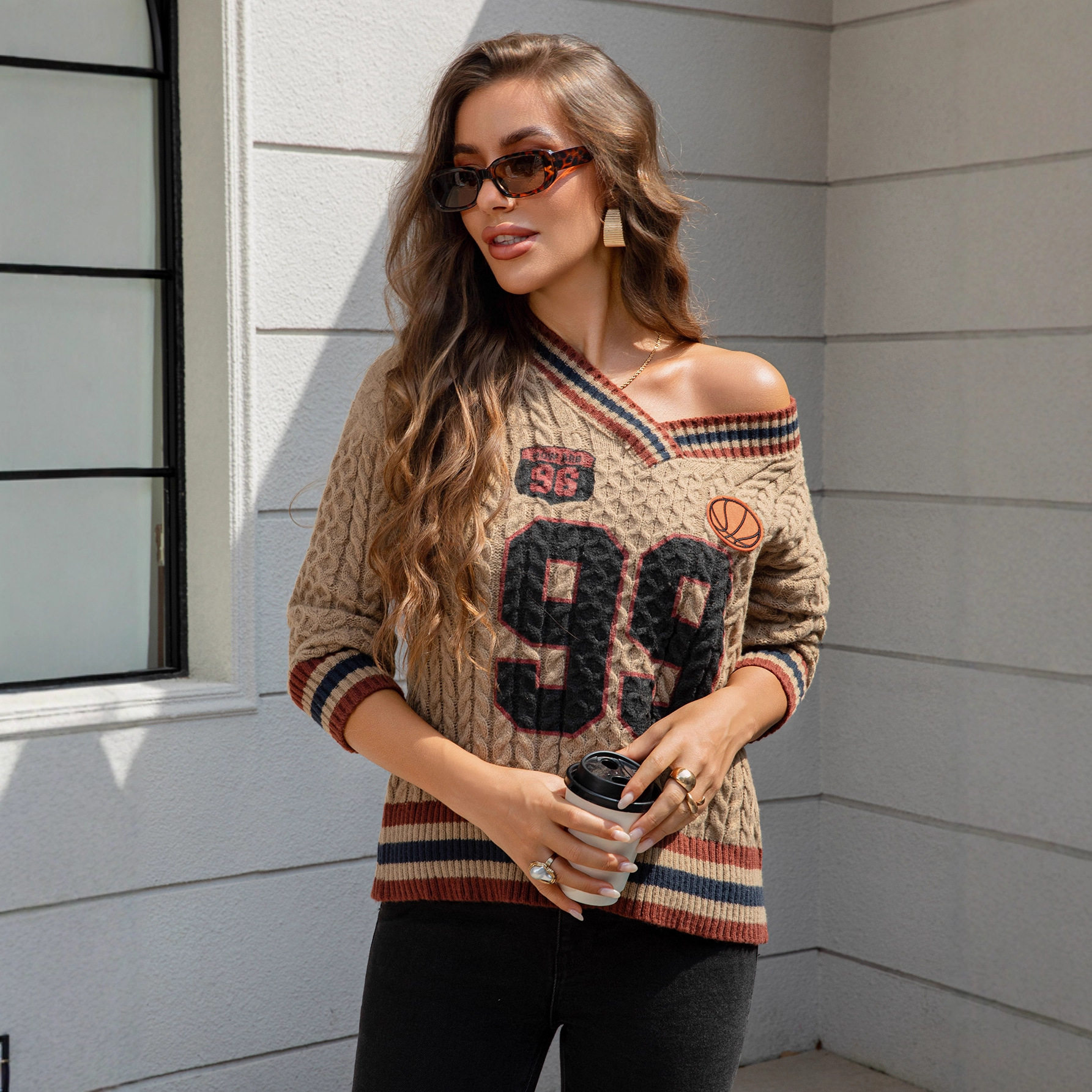 Vintage Inspired Chunky Knit V Neck Sweater Loose Fit Cozy Style Autumn Winter Fashion Wholesale Available