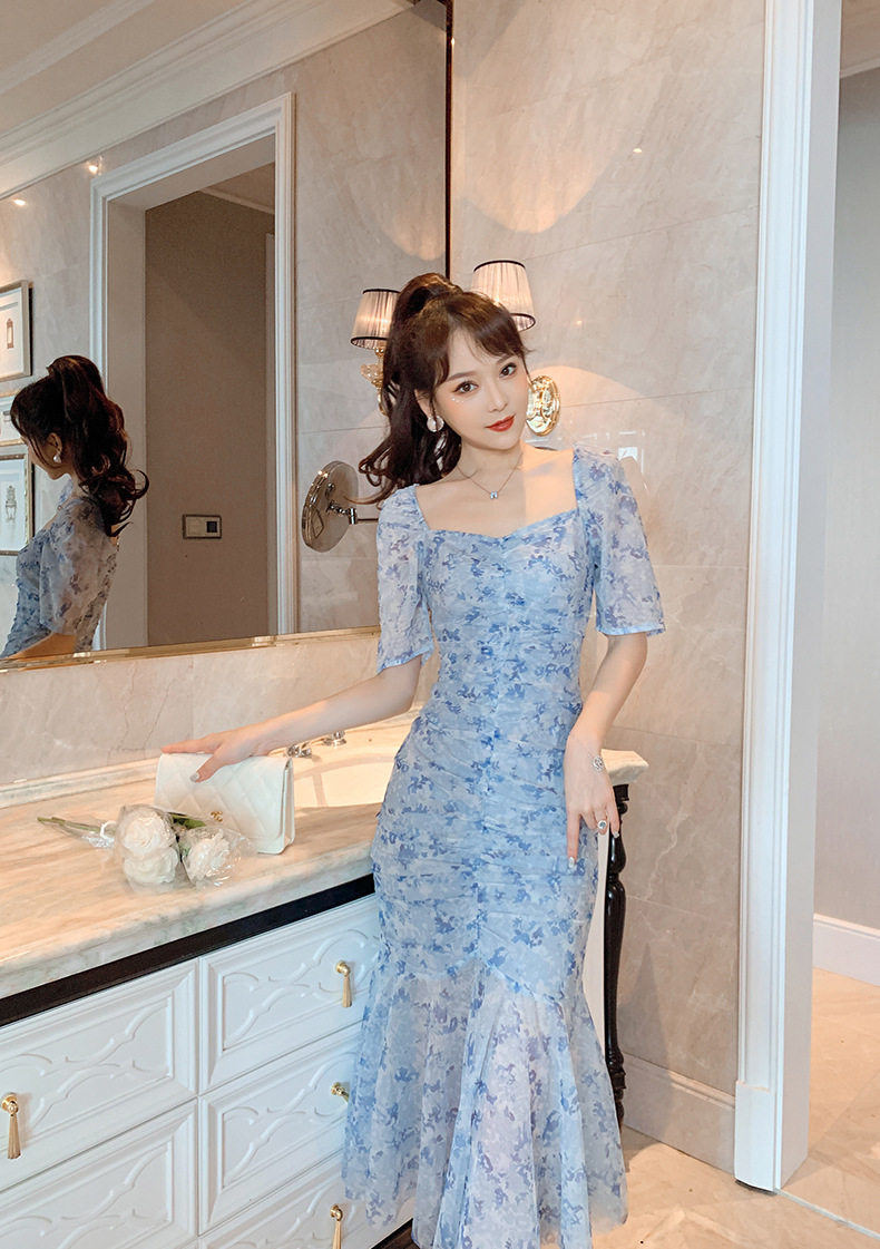 Đầm maxi nữ thắt eo cổ vuông họa tiết hoa tay bồng — [Xanh nhạt] chi tiết 6