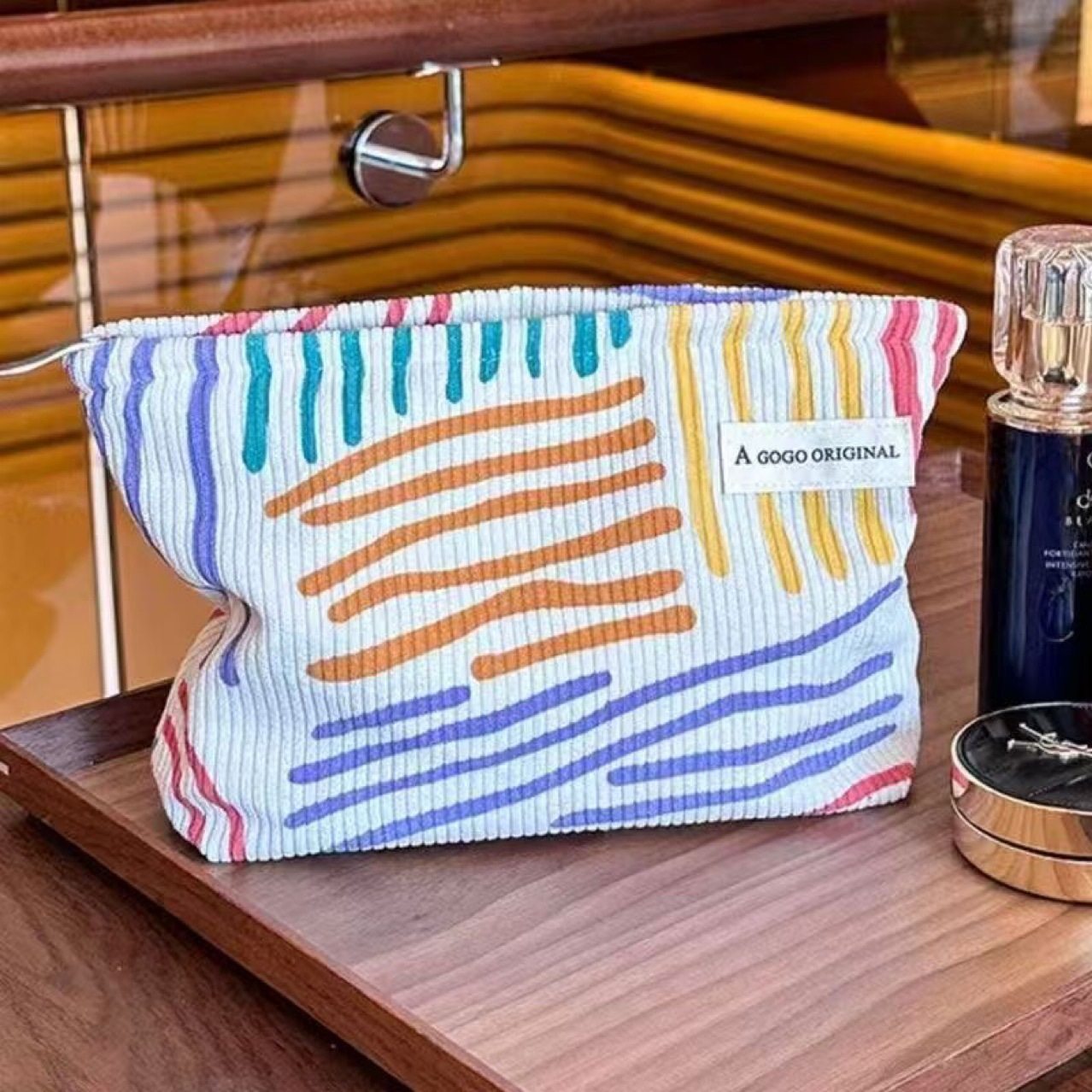 Striped Portable Bag Niche Skin Care Product Storage Toiletry Bag Cosmetic Bag Corduroy Bag Student Travel Business Trip