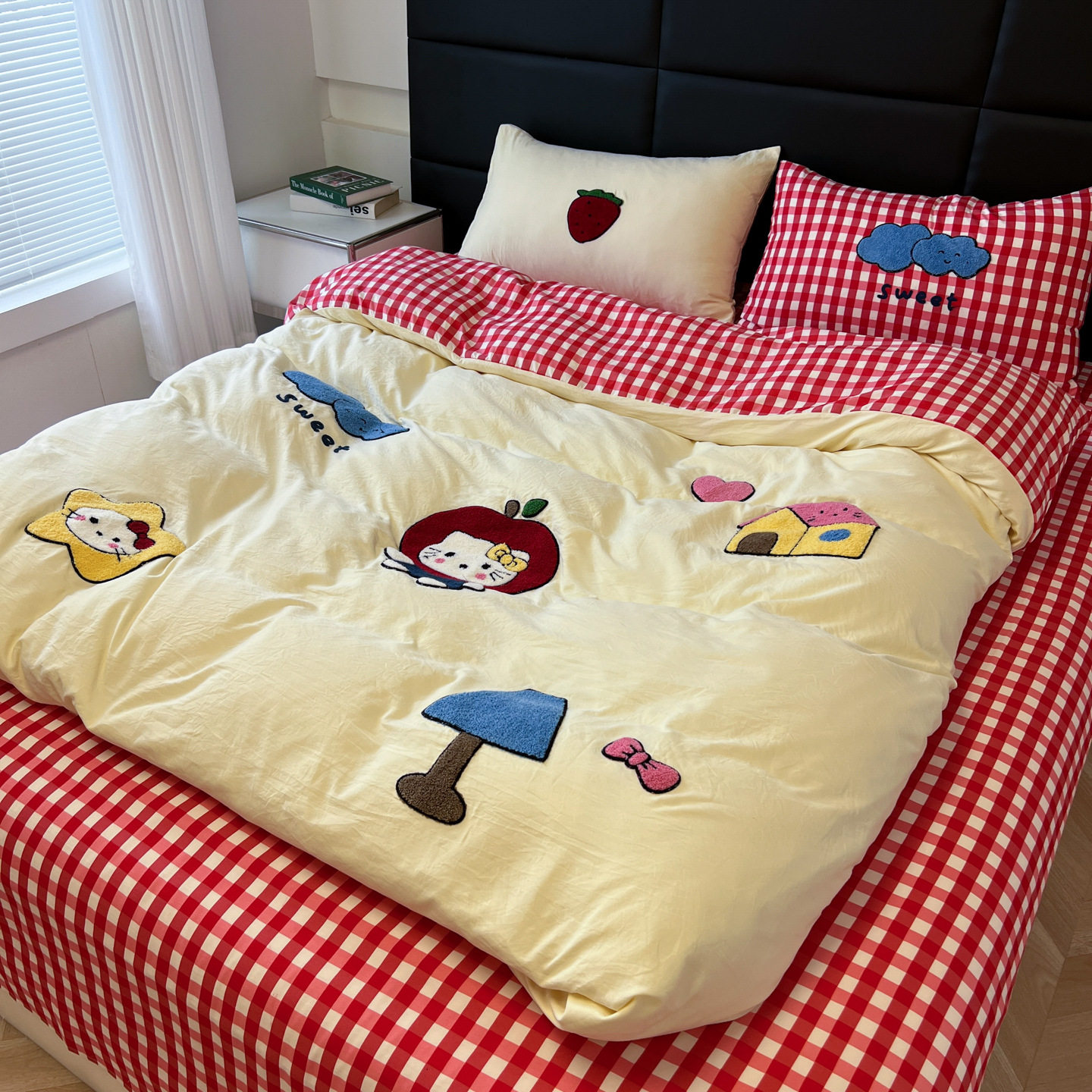 Category a Maternal and Infant Grade Naked Sleeping Pure Washed Cotton Towel Embroidered Four-Piece Set Ins Cartoon Style Cotton Student Dormitory Three-Piece Set