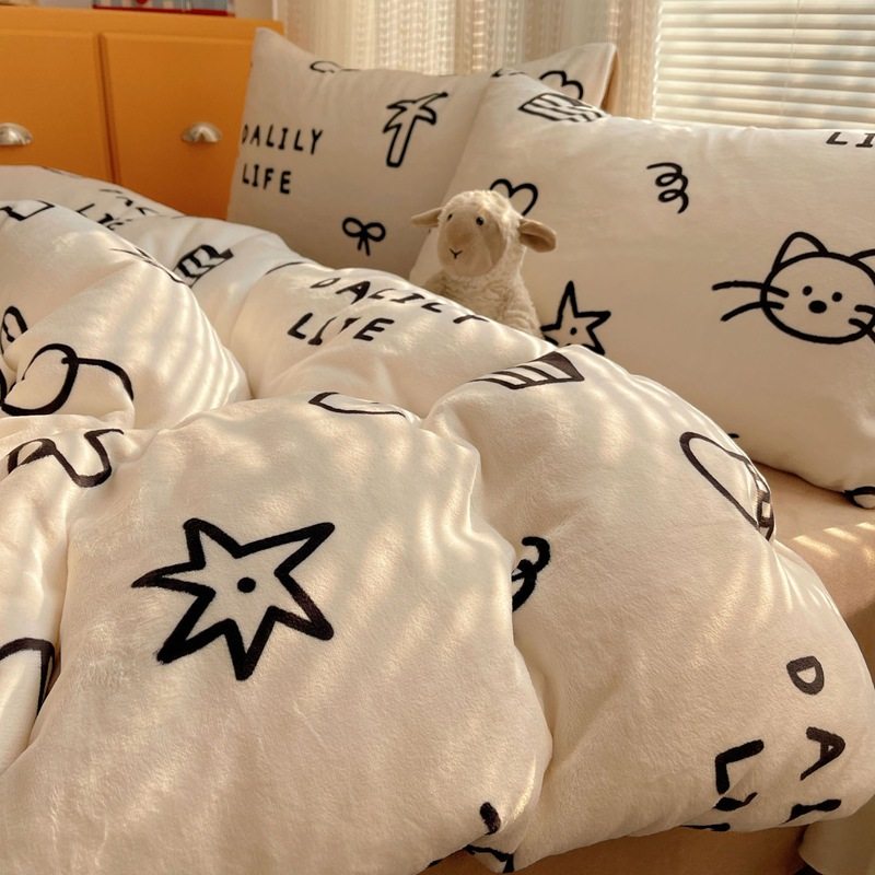 Ins Cartoon Printed Milk Velvet Four-Piece Set Class a Small Fresh Lace Quilt Cover Dormitory Three-Piece Bed Bed Sheets Set