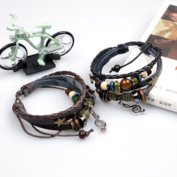 Cross-Border E-Commerce Supply European and American Musical Note Pendant Beaded Pu Leather Bracelet Couple Jewelry Wholesale Woven Bracelet