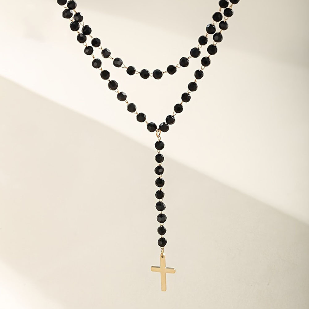 European and American Cross-border Personality Retro Crystal Beaded Clavicle Chain Diablo Party Niche Multi-layer Cross Pendant Necklace