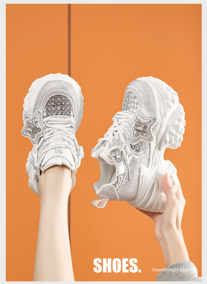 Giày sneaker nữ đế dày tăng chiều cao lưới thoáng khí dây buộc — Trắng, Bạc chi tiết 11
