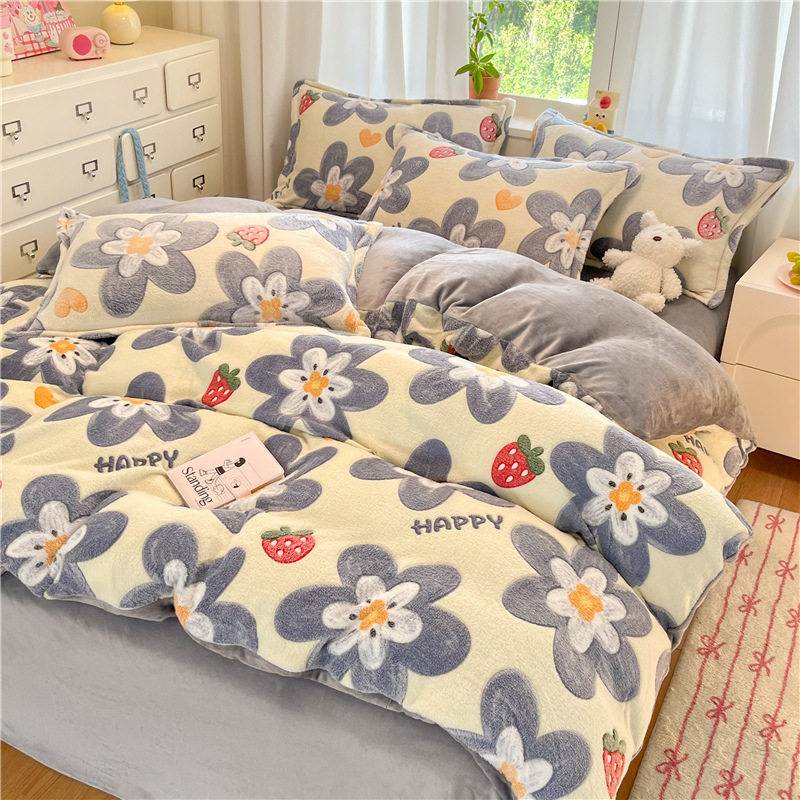 Thickened Snowflake Velvet Four-Piece Winter Coral Milk Velvet Quilt Cover Double-Sided Velvet Bed Sheets Quilt Cover Three-Piece Fitted Bed Sheets Set