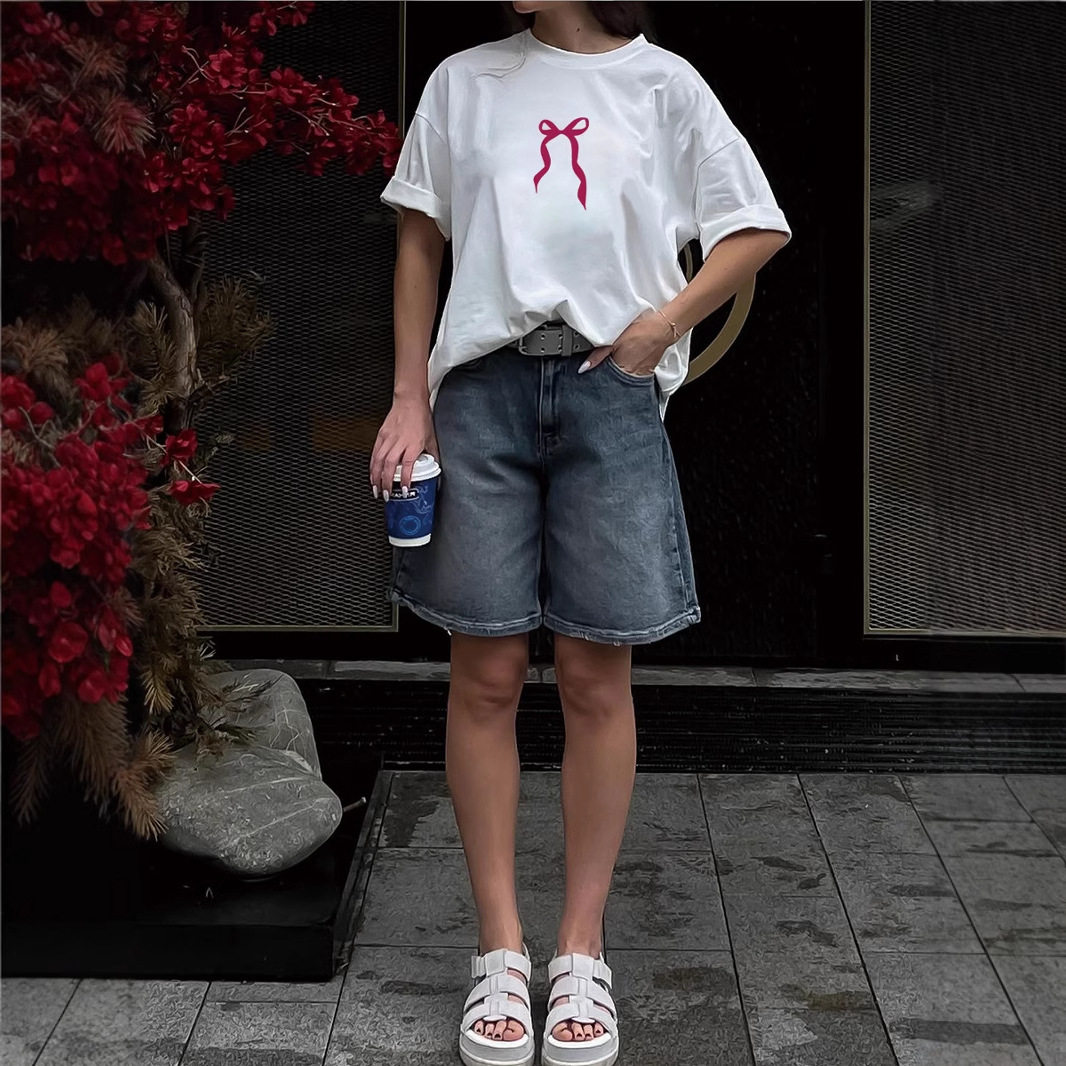 Womens Vintage Bow Print T Shirt Summer Casual Style Loose Fit Round Neck Short Sleeve 100 Cotton Wholesale