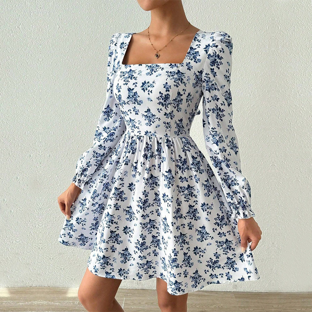 Elegant French Style Square Neck Dress High Waist Backless Floral Print Spring Summer Casual Wear Wholesale