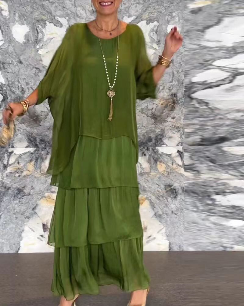Chiffon Batwing Sleeve Maxi Dress Elegant Round Neck Trendy Design Lightweight Fabric Perfect for Spring Summer