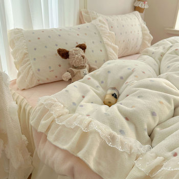 Korean Style Spliced Lace Milk Velvet Thickened Four-Piece Set Ins Girl Fresh Double-Sided Velvet Duvet Cover Bed Sheet Bed Skirt 4