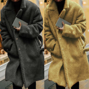 Mens Long Overcoat Thick Plush Fabric Notched Lapel Button Closure Autumn Winter Wear