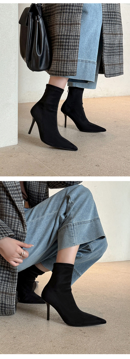 Boot nữ cổ cao qua gối gót nhọn cao 9cm chất liệu da lộn co giãn — Lớp lót đơn kaki ống ngắn, Lớp lót đơn màu đen ống ngắn, Lớp lót nhung đen ngắn, Lớp lót nhung kaki ngắn