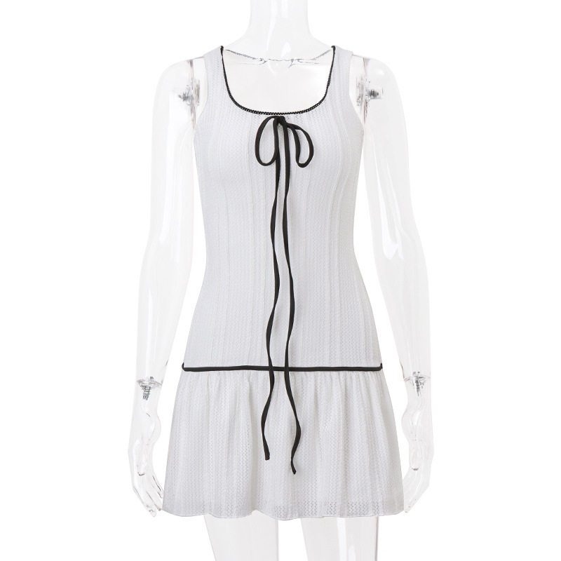 Summer Womens Sleeveless Dress Sexy Fit Bow Tie Mesh Fabric Trendy Style Perfect for Parties and Casual Outings