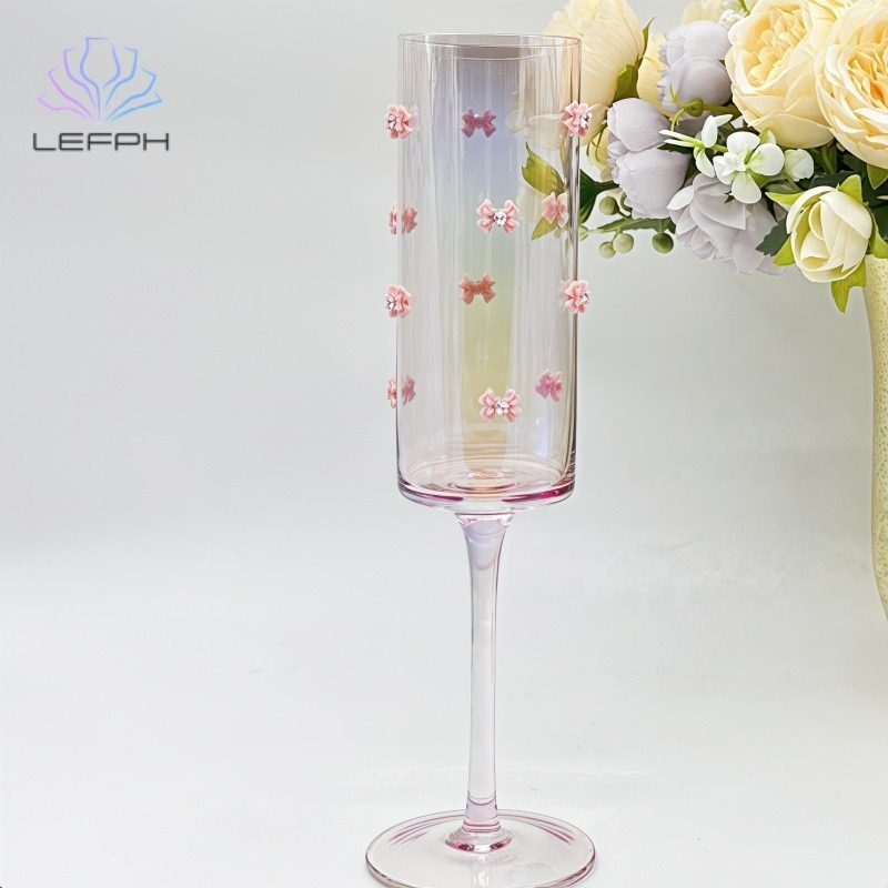 Customized Soda-Lime Glass Handmade Bow Champagne Glass C Style Hand-Pasted Bow Tall Glass