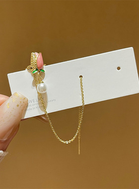 轻奢级感甜美郁金香珍珠耳骨夹一体式耳环流苏长款耳线耳钉新款