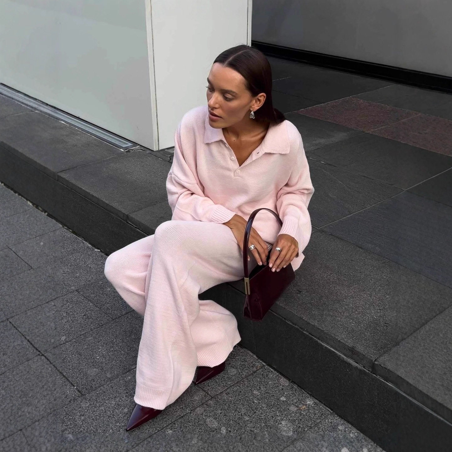 Womens Autumn Winter Solid Color Polo Neck Sweater Set Loose Fit Knit Sweater and Wide Leg Pants Casual Wear Wholesale