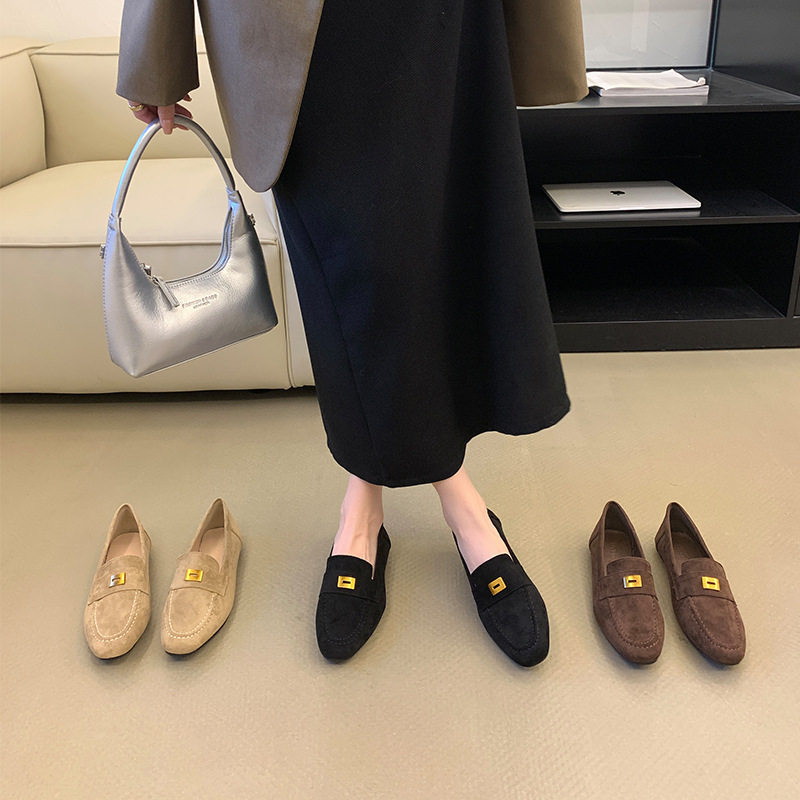 [Tax Not Included]Suede Metal Square Buckle Flat Loafers for Women, Spring and Autumn, Round Toe, Shallow Slip-On, Soft Sole, Bean Shoes
