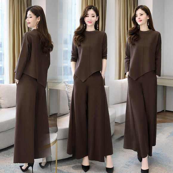 2025 Spring and Autumn New Wide Leg Pants suit Women's Age-reducing Belly-covering Slimming Western Style Casual Elegant Skirt Two-piece Set