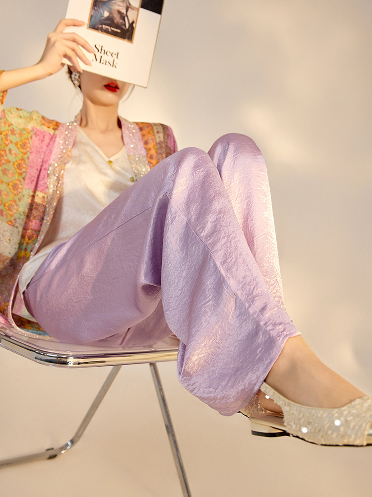 Quần dài nữ ống thẳng cạp cao chất liệu acetate phối polyester mỏng nhẹ — Màu vàng