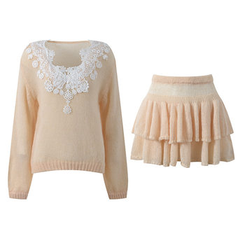 2025 New Autum French Gentle Style Lace Splicing V Neck Loose Knitwear Top + Skirt Suit