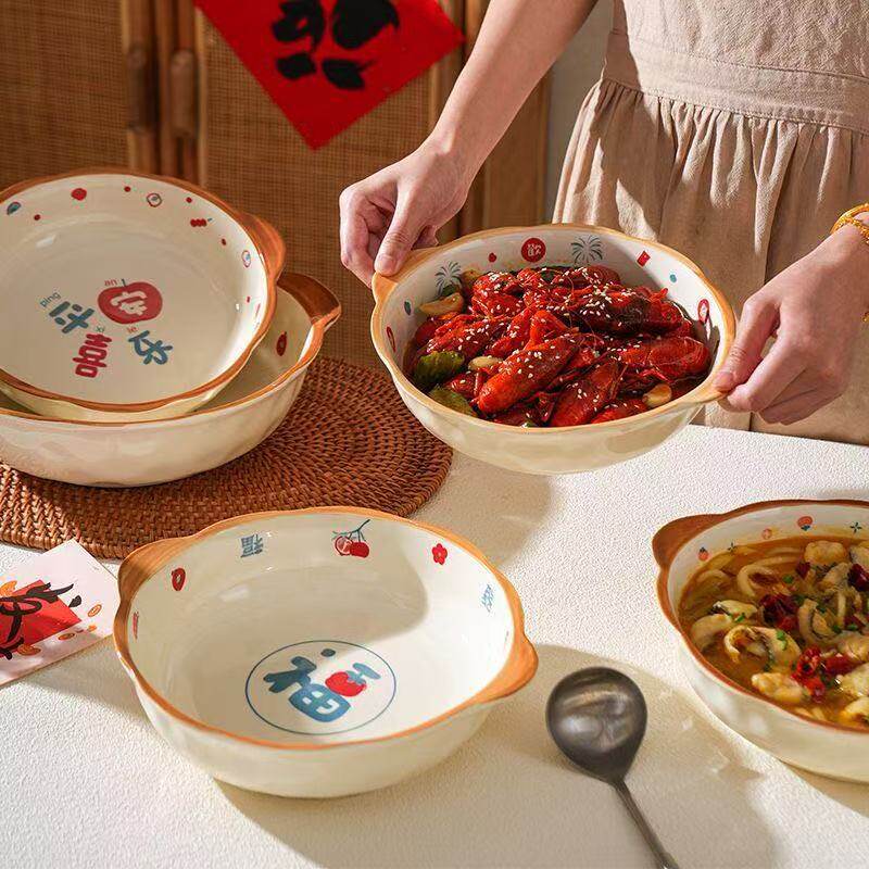 Underglaze Double-Eared Stone-Pattern Soup Bowl for Home Use, Suitable for Maoxuewang (Spicy Beef Soup), Pickled Cabbage Fish, Bowls and Chopsticks, Boiled Meat, Crayfish, Spicy Hot Pot